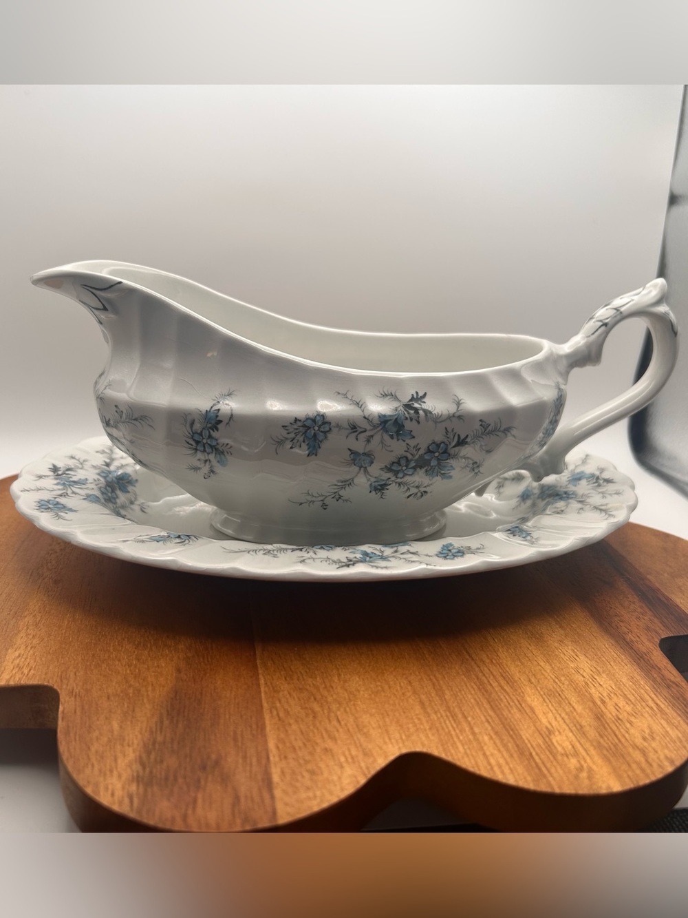 Vintage Myott Sound of Music Gravy Boat & Underplate | Blue Floral Staffordshire